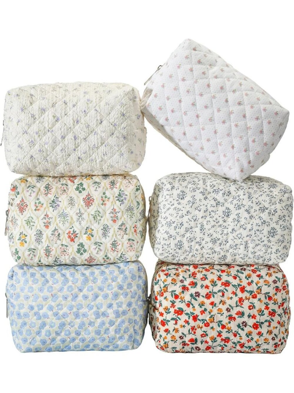 Floral Quilted Makeup Bags Set of 6 - Perfect Bridesmaid Gifts & Travel